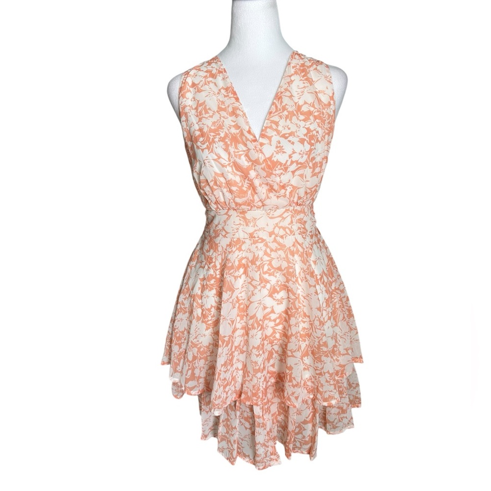 Japna Peach Floral Print V-Neck Tiered Ruffle Hem Sleeveless Dress Size M NWT - Picture 3 of 17